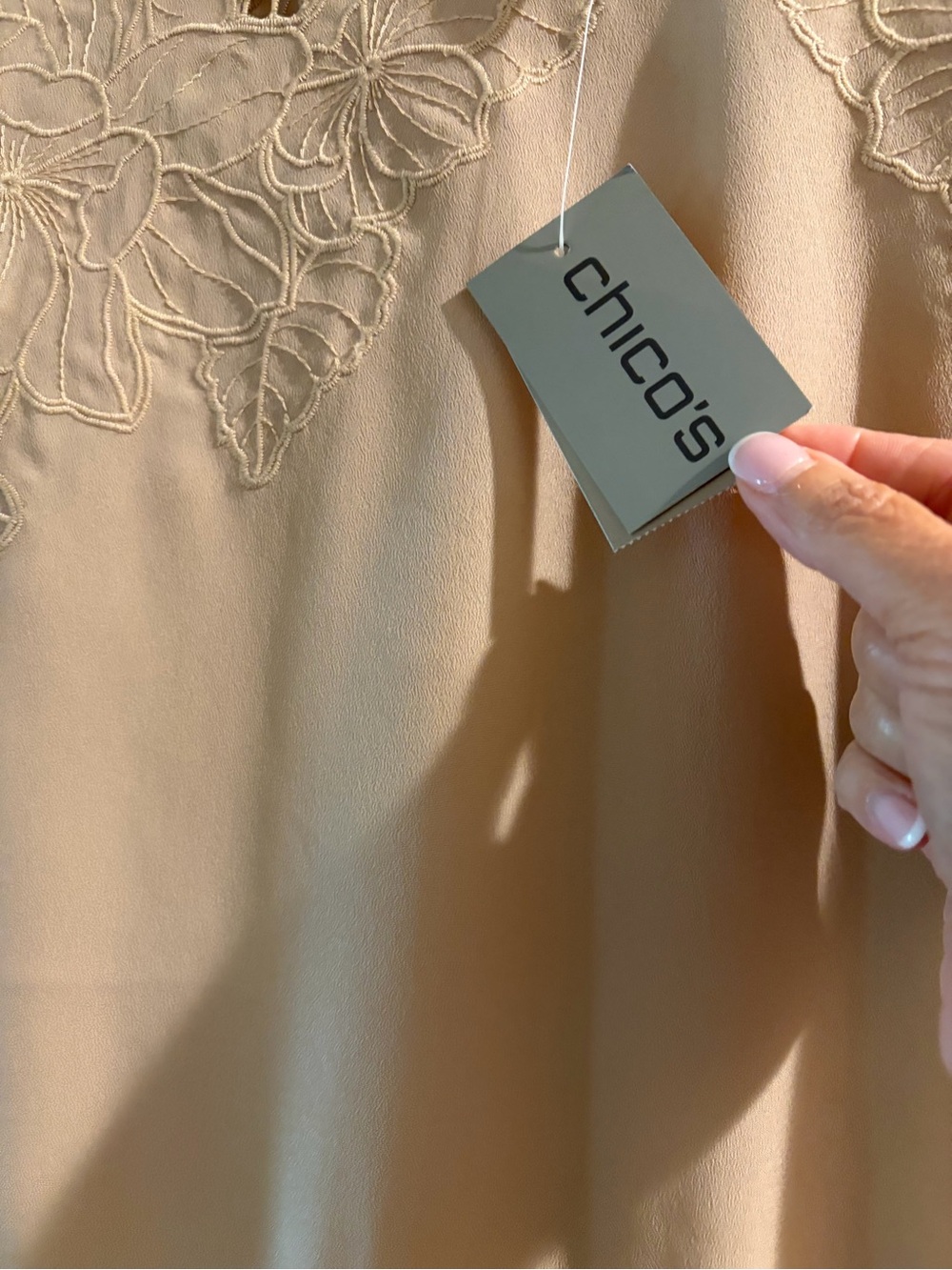 Chico's Taupe Crochet Floral-Trim Blouse - Picture 3 of 5